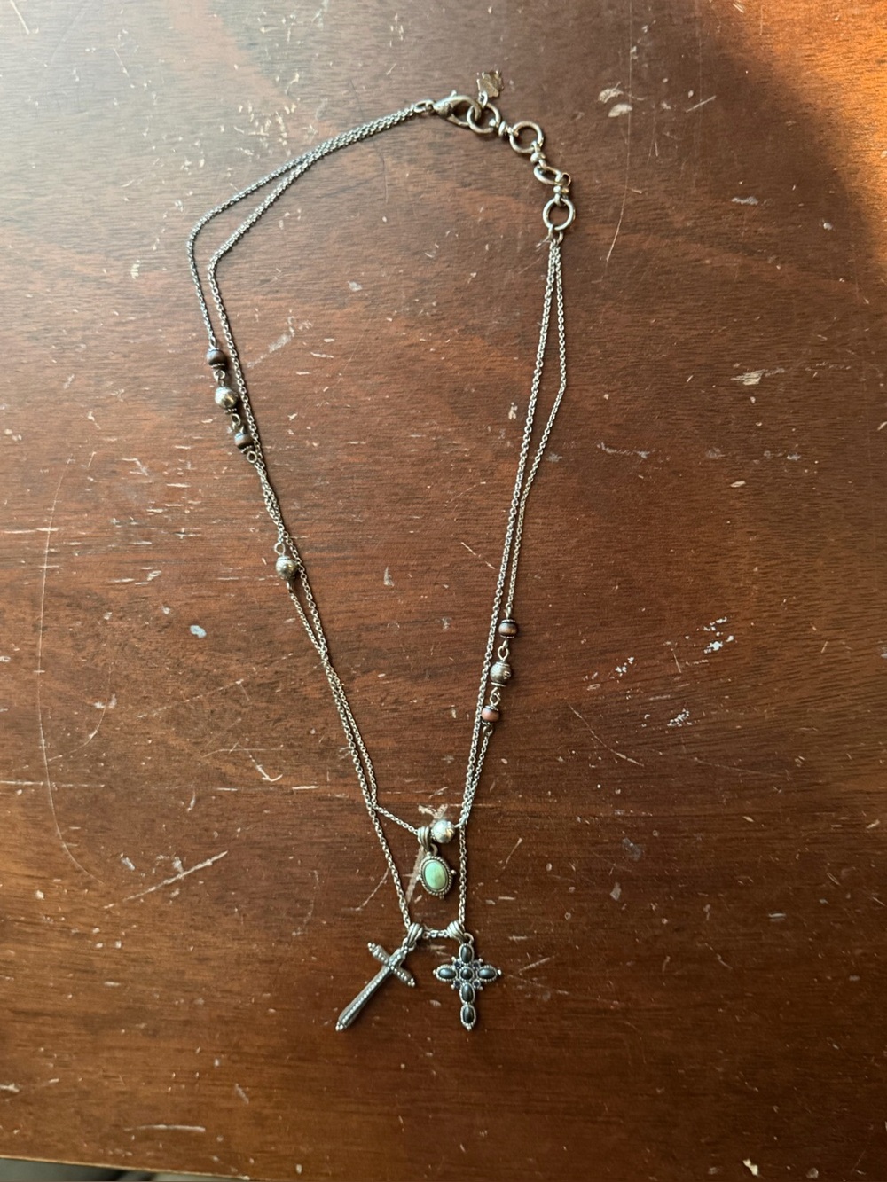 Lucky Brand Double Strand Cross Necklace Turquoise Silver Vintage Y2K Boho